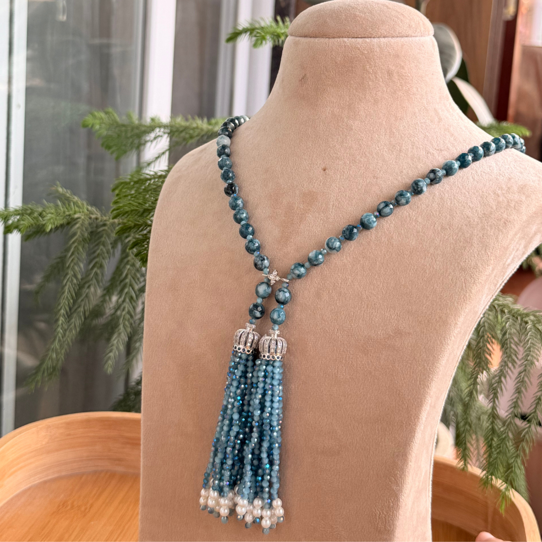 Faceted Blue Apatite Double Tassel Necklace